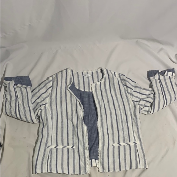 Chico’s Stripe Linen Blend Open Frayed Edge No Collar Blazer Jacket  Size 12 - Picture 5 of 7